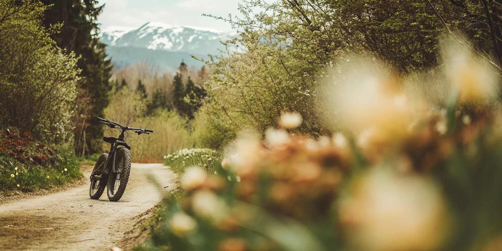Scenic spring Whistler valley trail with blooming wildflowers and green forests, a fat tire eBike parked on the path with snow-capped mountains in the background