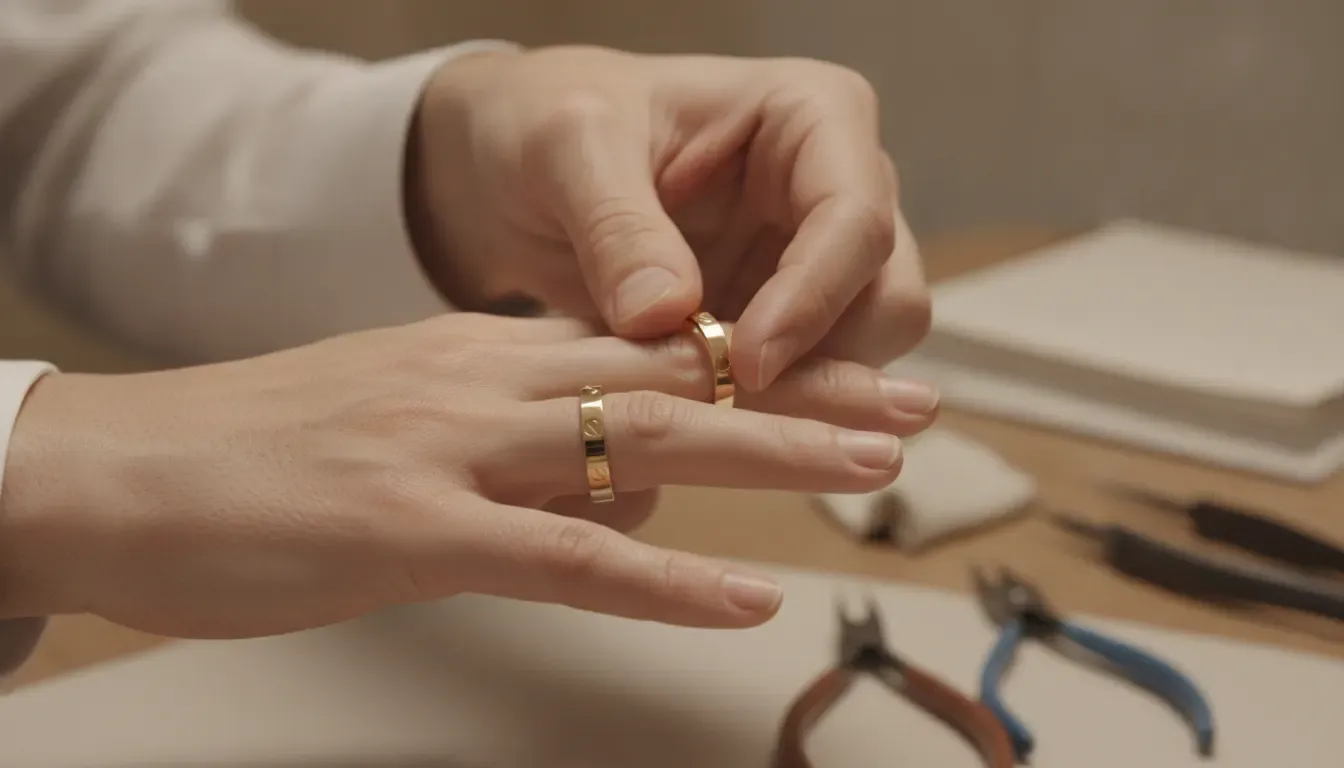 Jeweler checking the fit of an estate Cartier Love ring during a private consultation