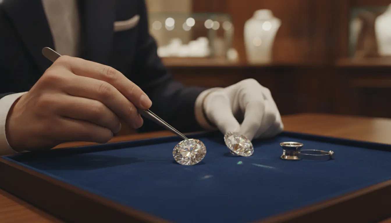 Jewelry expert comparing diamonds for the 4Cs