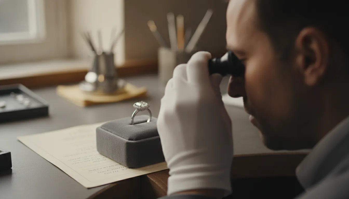 Jeweler inspecting a diamond and its grading documentation