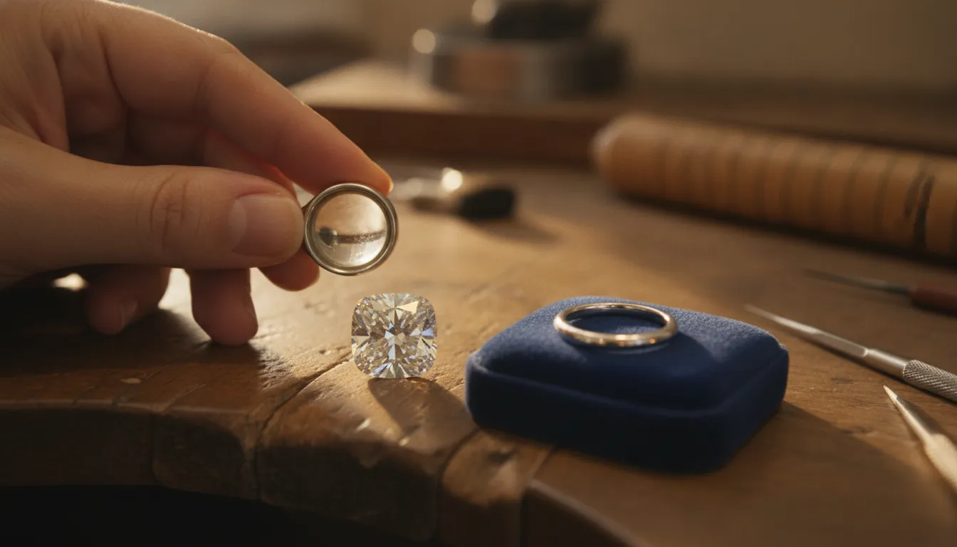 Diamond viewed through a jeweler's loupe for clarity review