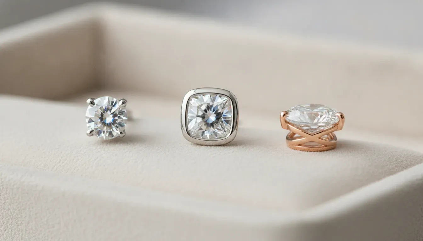 Prong, bezel, and basket settings for diamond stud earrings
