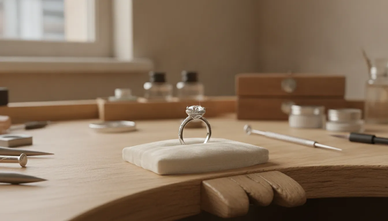 Engagement ring on a jeweler's workbench