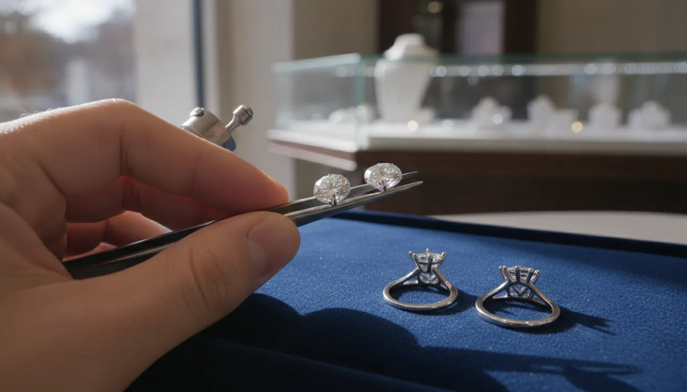 Jeweler comparing lab-grown and natural diamonds for an engagement ring