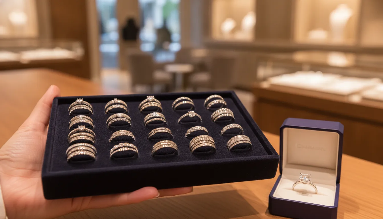 A jeweler presents a selection of diamond wedding bands and stackable bands in white gold on a counter tray