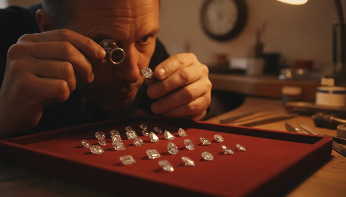Close view of loose round brilliant and fancy diamond shapes on a jeweler tray during custom engagement ring design