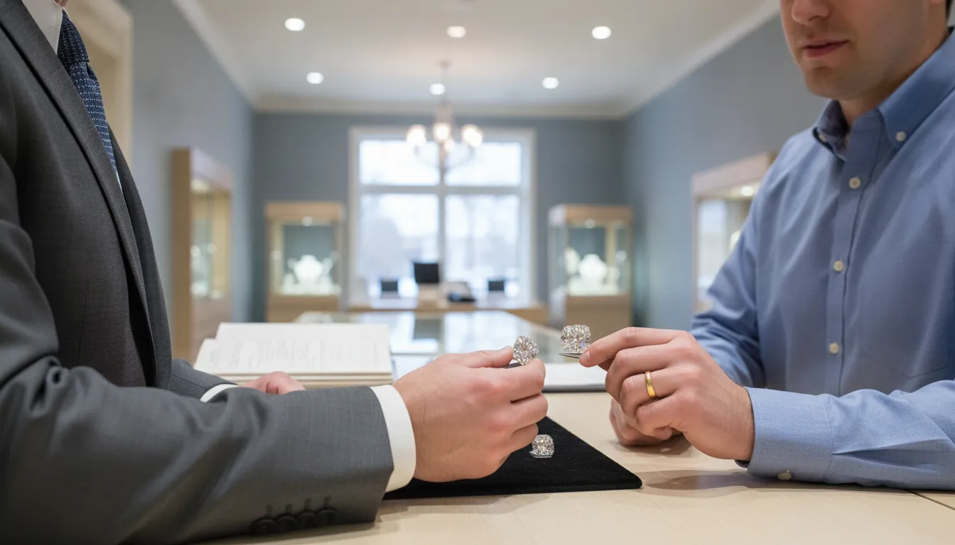 Jeweler helping buyers compare natural diamonds and grading details