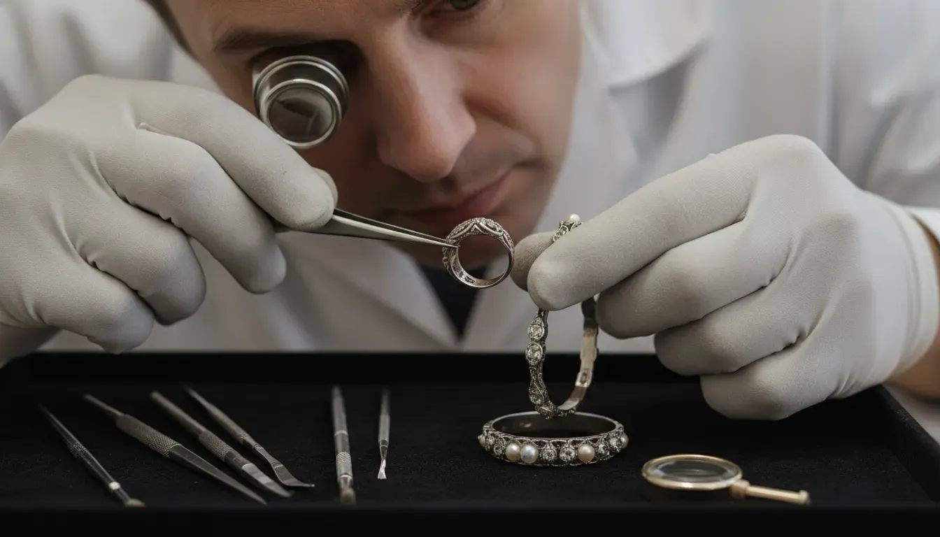 Jeweler inspecting the underside and hallmarks of estate designer jewelry