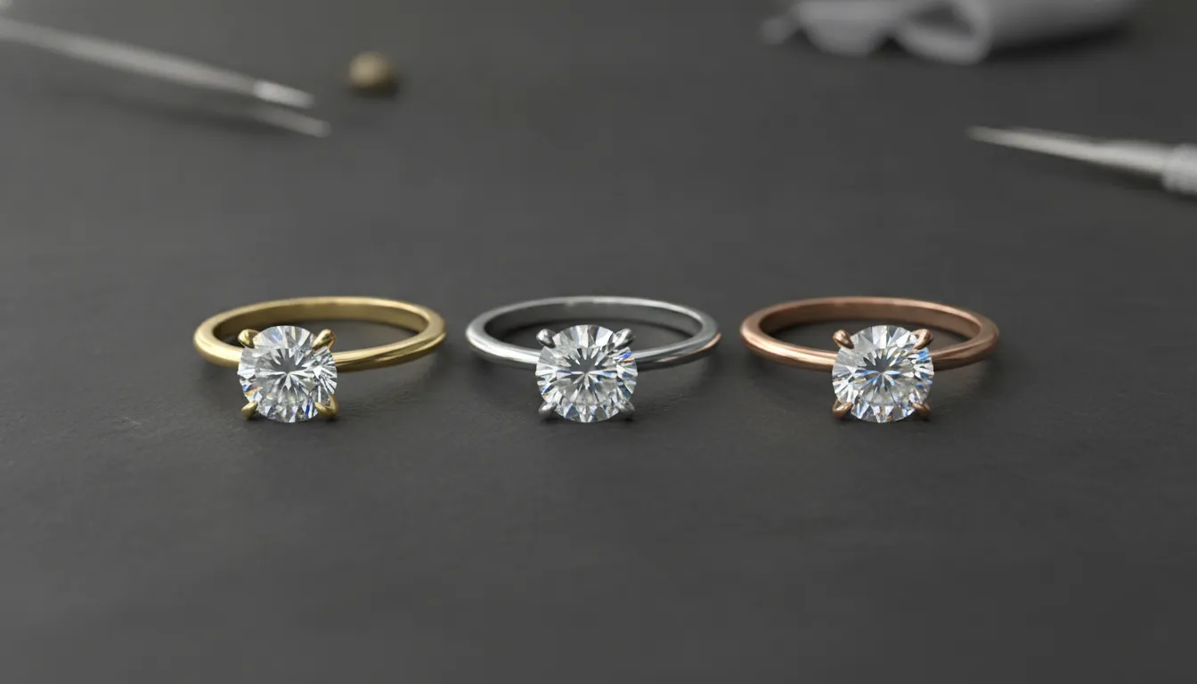 Yellow gold, white gold, and rose gold engagement ring bands compared for custom ring design