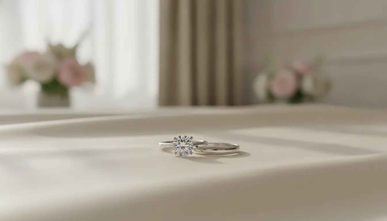 A solitaire engagement ring paired with a straight white-gold wedding band resting together on ivory satin