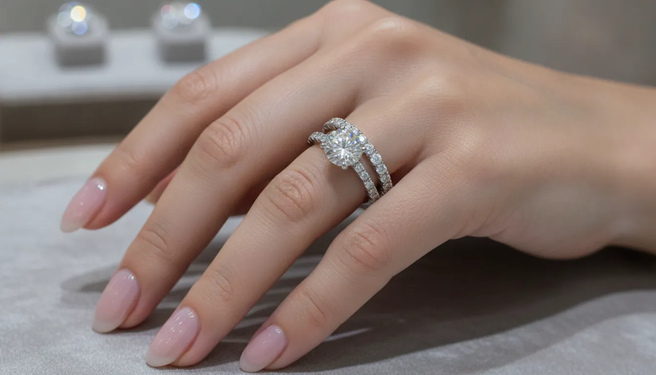Full eternity diamond wedding band worn beside an engagement ring