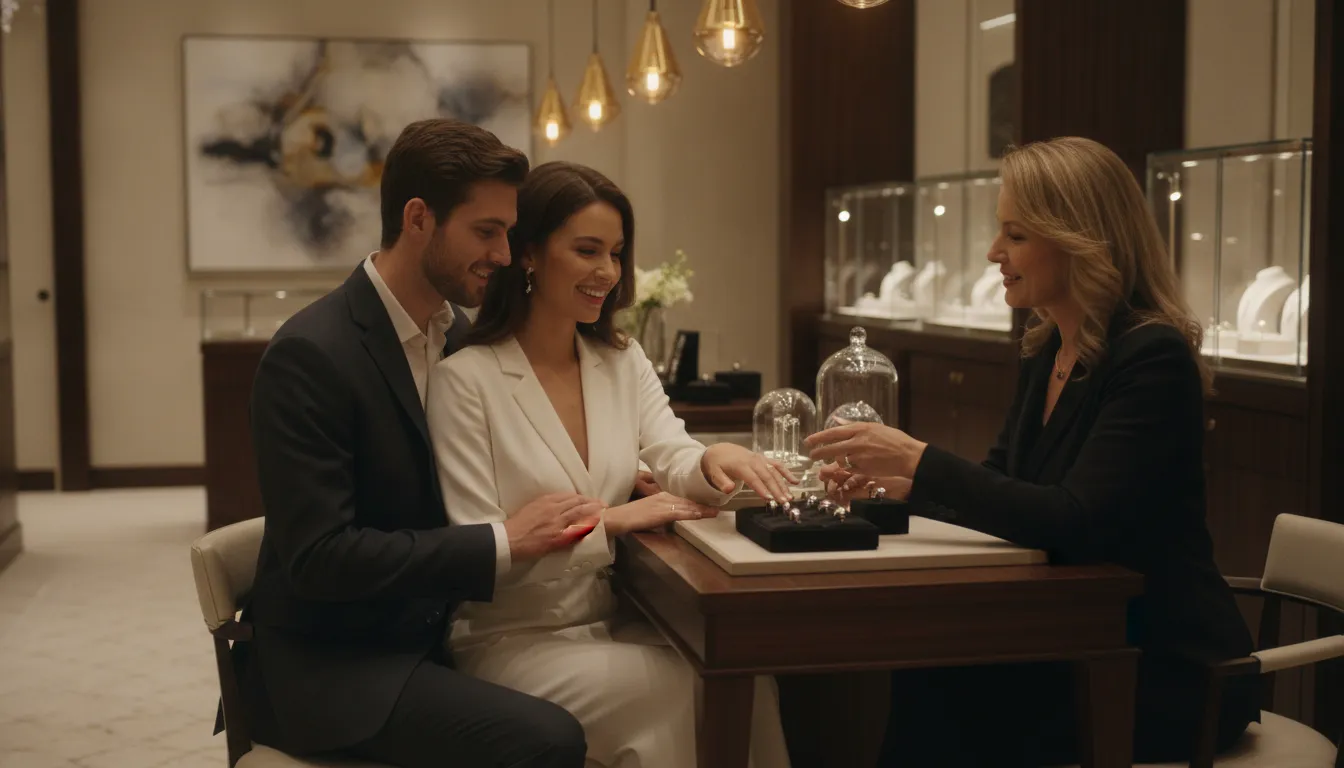Couple consulting with a jeweler about a custom engagement ring design at a jewelry counter