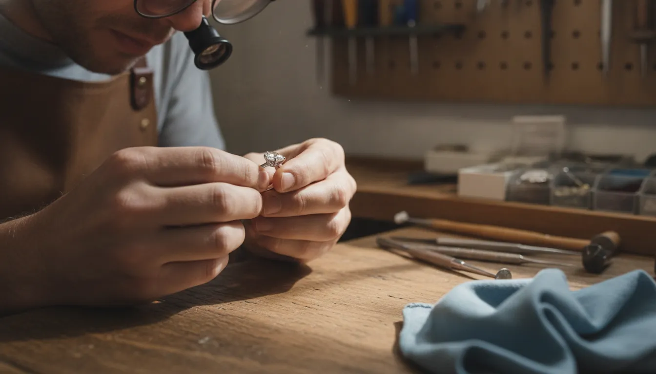 Jeweler examining a solitaire diamond with a loupe at the workbench