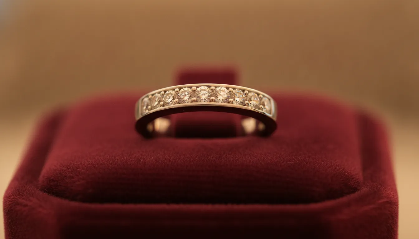 Half eternity diamond wedding band with plain metal shank on a display stand