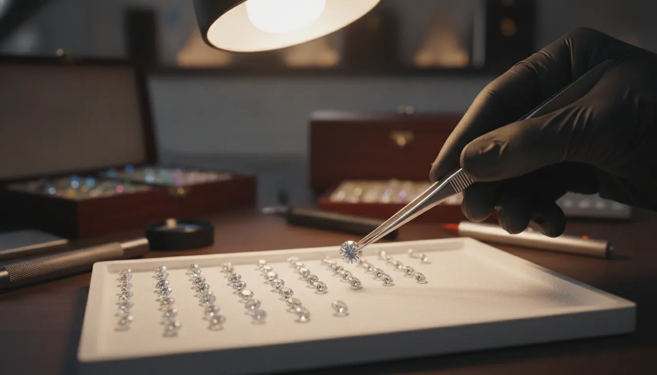 Jeweler examining a loose diamond with tweezers for a custom engagement ring