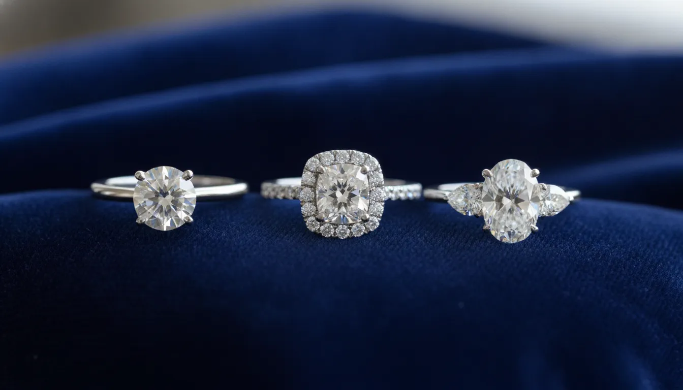 Three diamond engagement ring settings displayed on velvet including solitaire halo and three stone styles