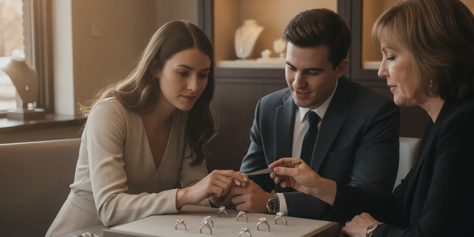 A customer comparing diamond engagement ring designs with a jeweler at a consultation table