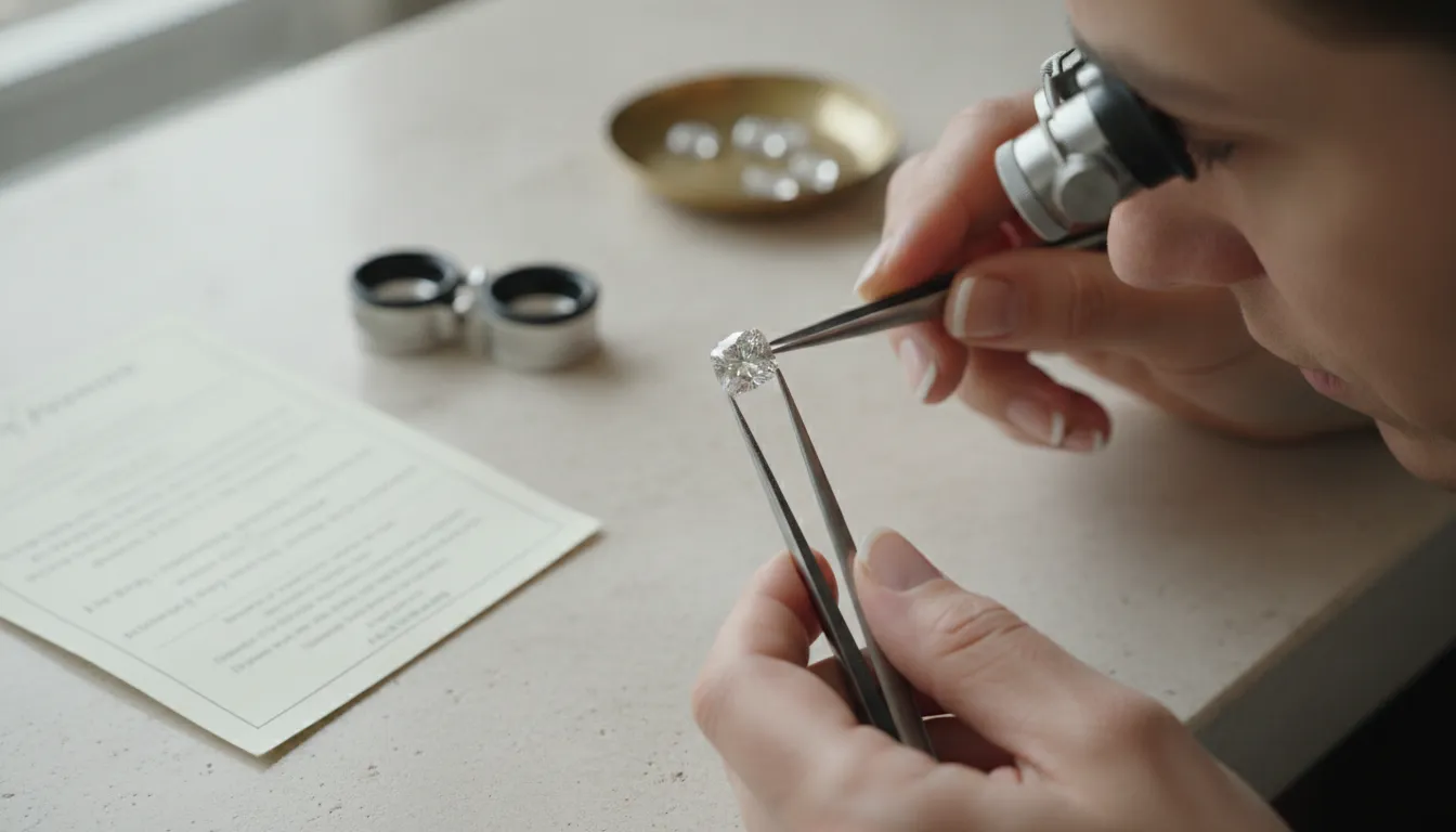 Jeweler examining a lab grown diamond beside an out-of-focus grading report