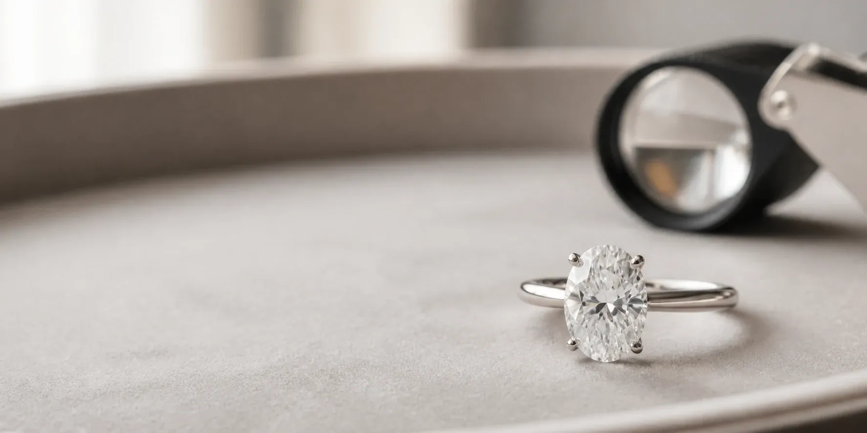 Oval diamond solitaire engagement ring beside a jeweler's loupe