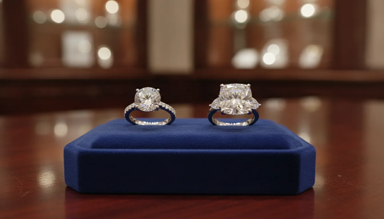 Two diamond engagement rings on a blue velvet display in a jewelry store