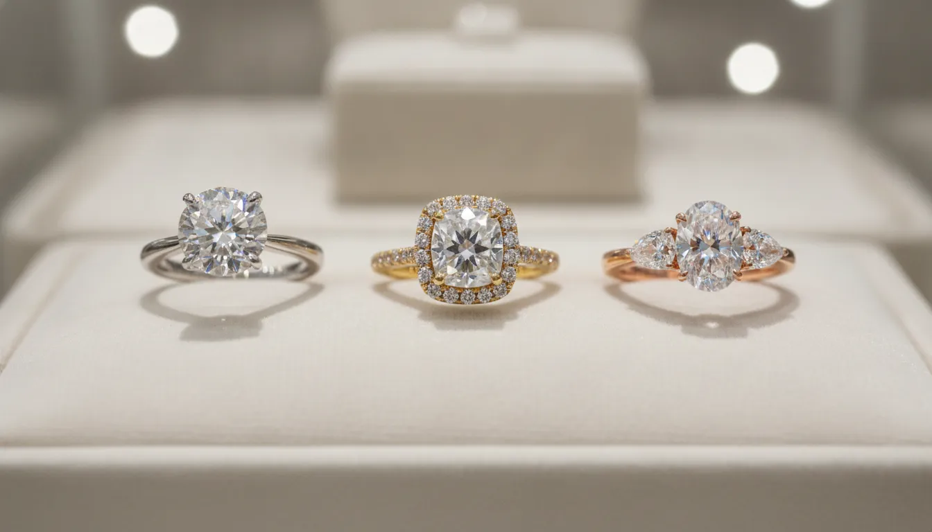 Solitaire, halo, and three-stone lab grown diamond ring settings on a velvet tray