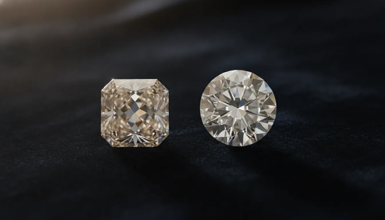 Old mine cut diamond vs round brilliant sparkle patterns in a jewelry studio