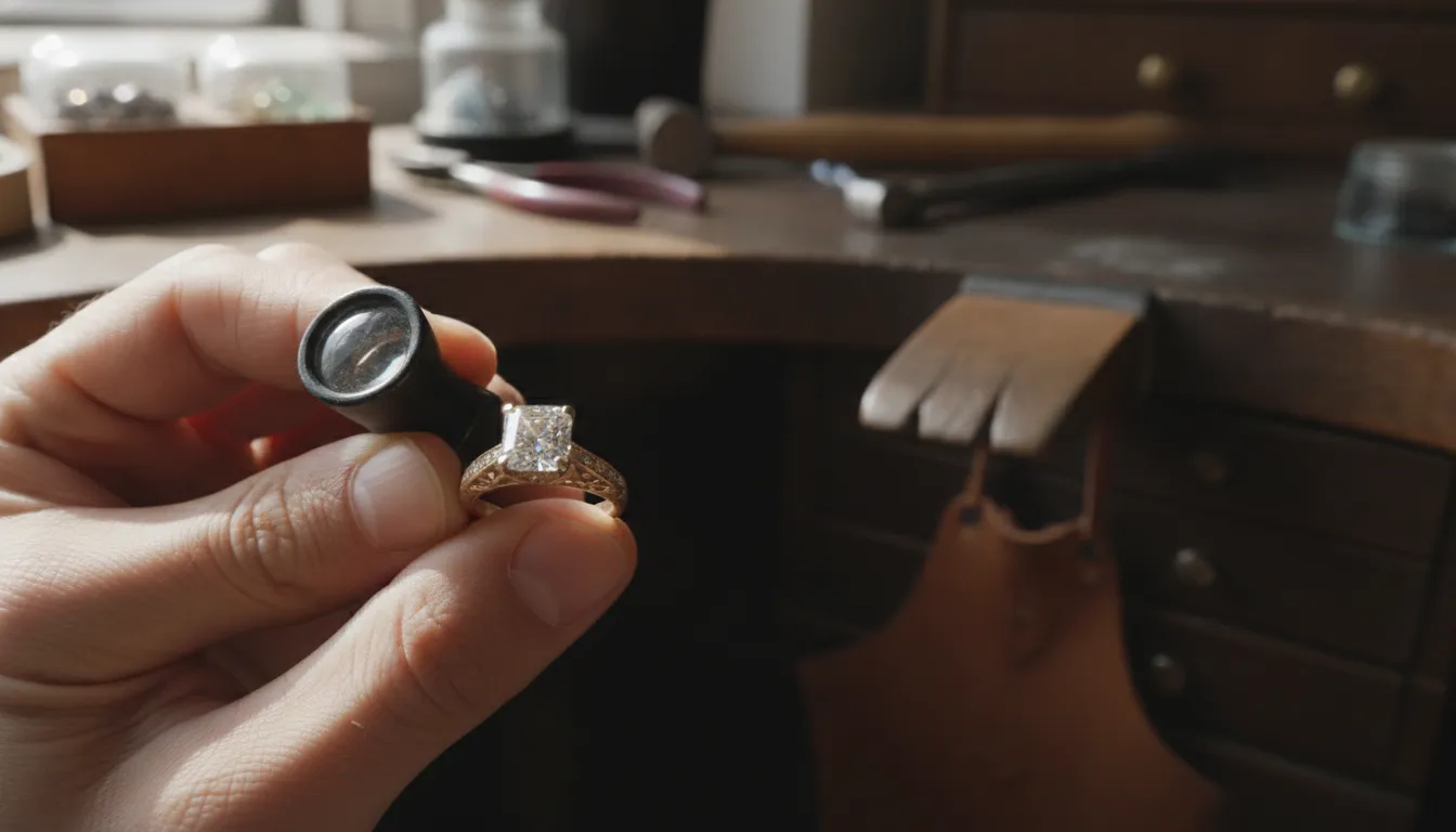 Jeweler examining an old mine cut diamond in an engagement ring setting
