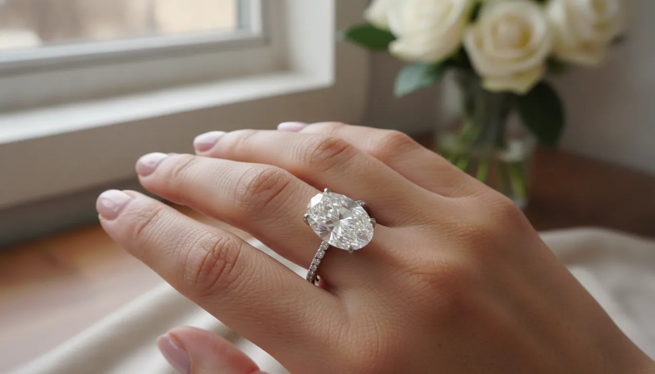 Oval cut diamond engagement ring on a finger showing the elegant elongated silhouette