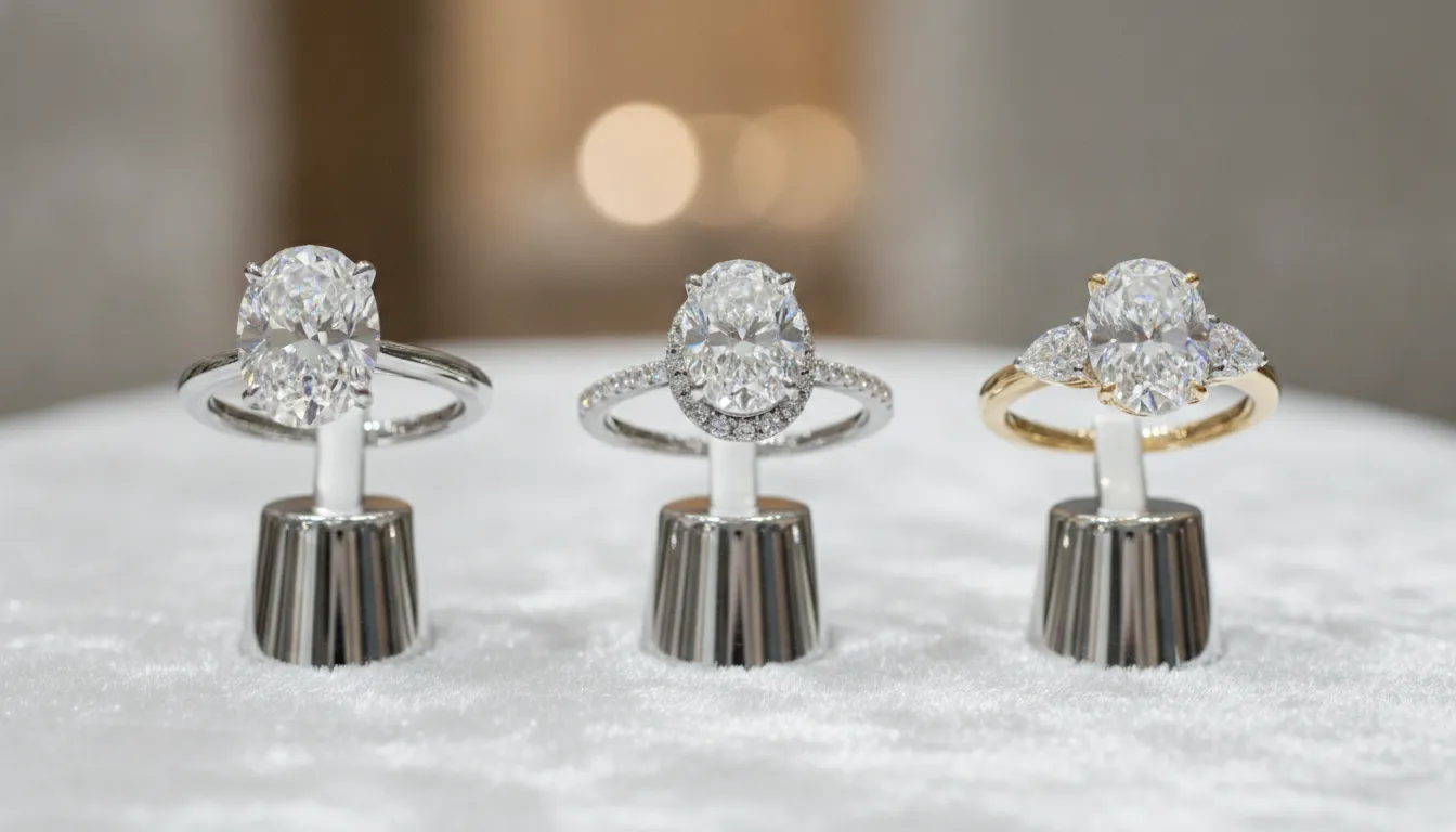 Side by side comparison of oval diamond engagement ring settings including solitaire, hidden halo, and three-stone designs