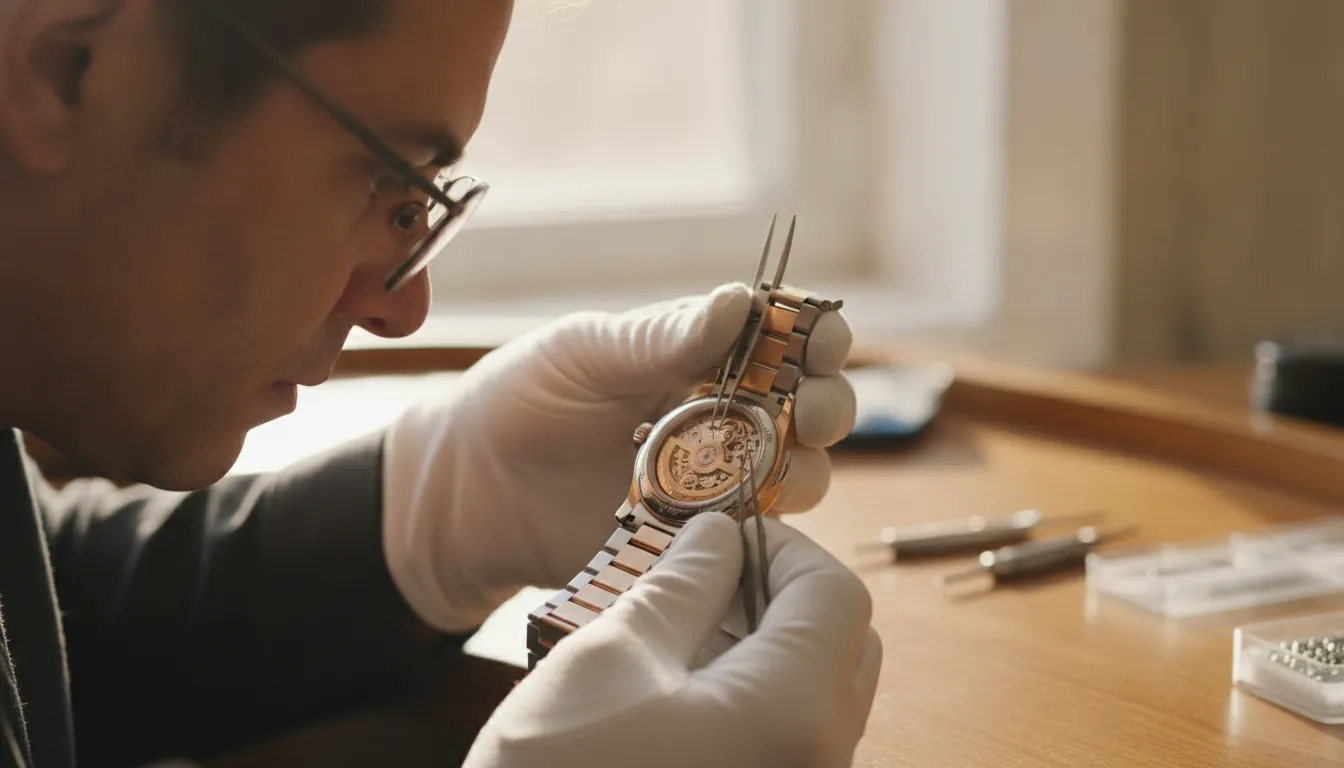 Watchmaker examining a pre-owned Rolex at a jeweler's workbench