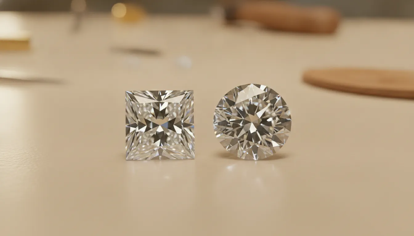 Princess cut and round brilliant diamonds compared on a jeweler's workbench