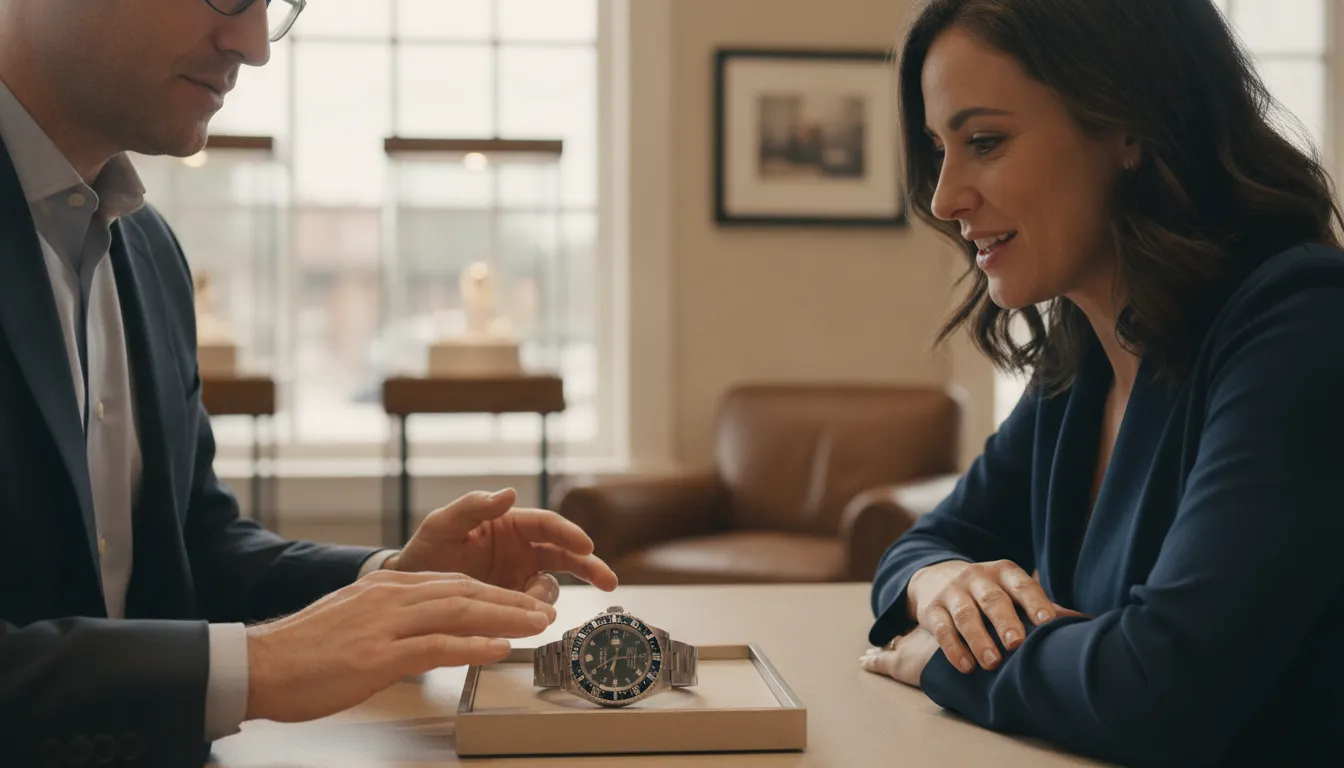 Buyer reviewing a pre-owned Rolex with a watch specialist