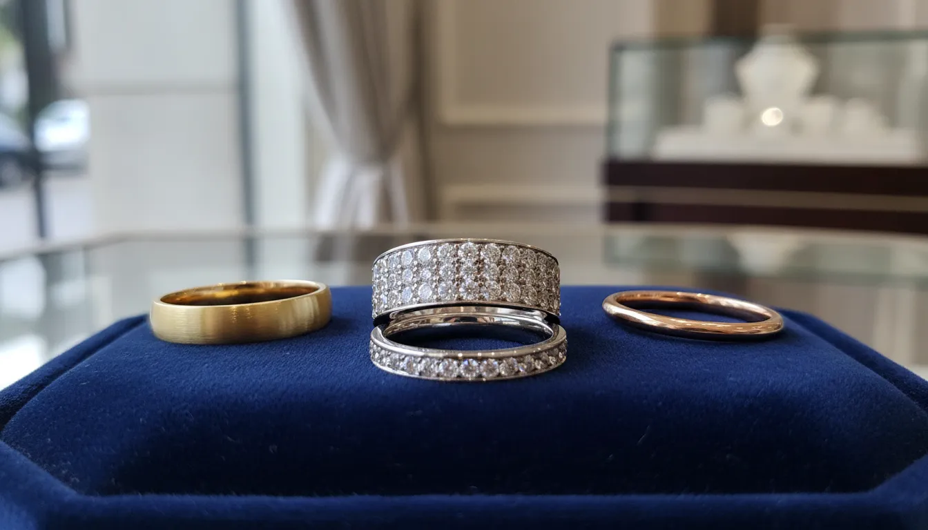 Four wedding bands displayed on a blue velvet cushion in a jewelry store