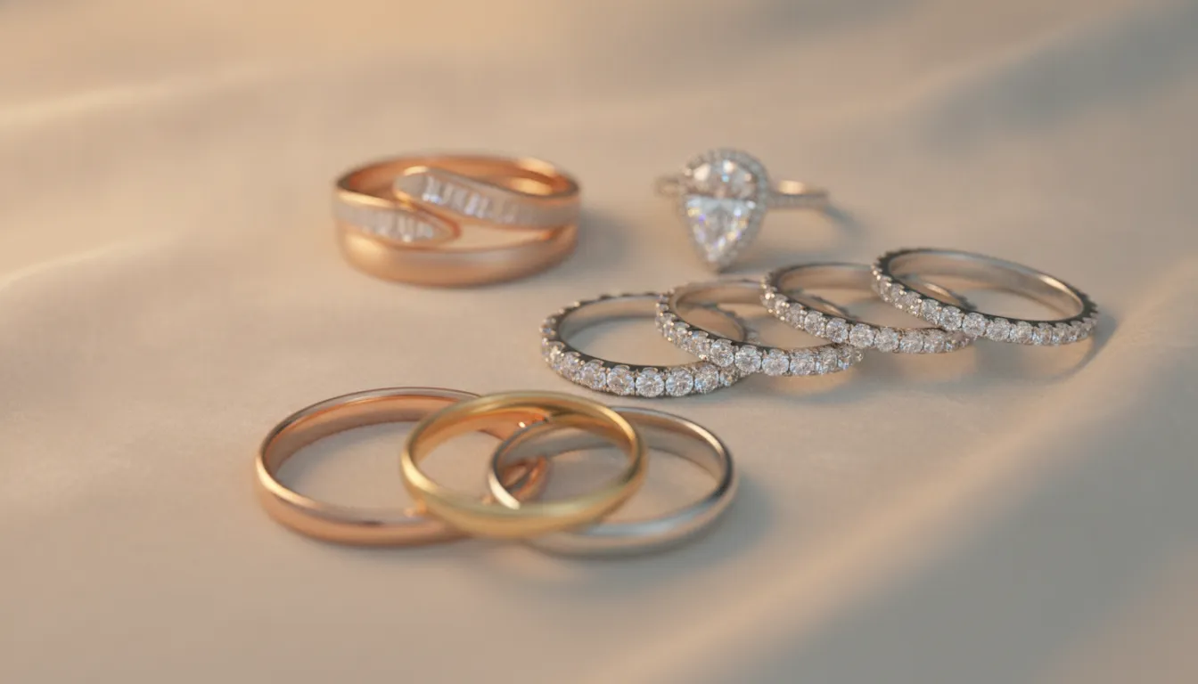Assortment of gold and diamond women’s wedding bands arranged on a soft beige surface