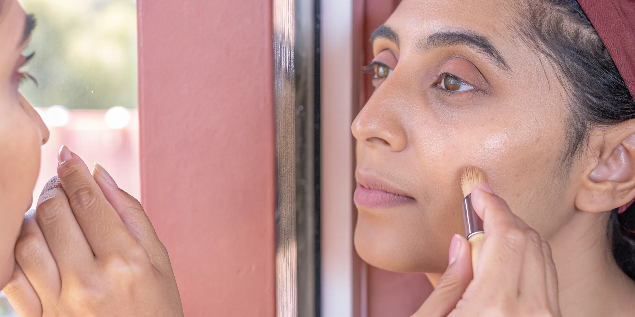 Woman applying subtle nude cheek color for a no makeup makeup look