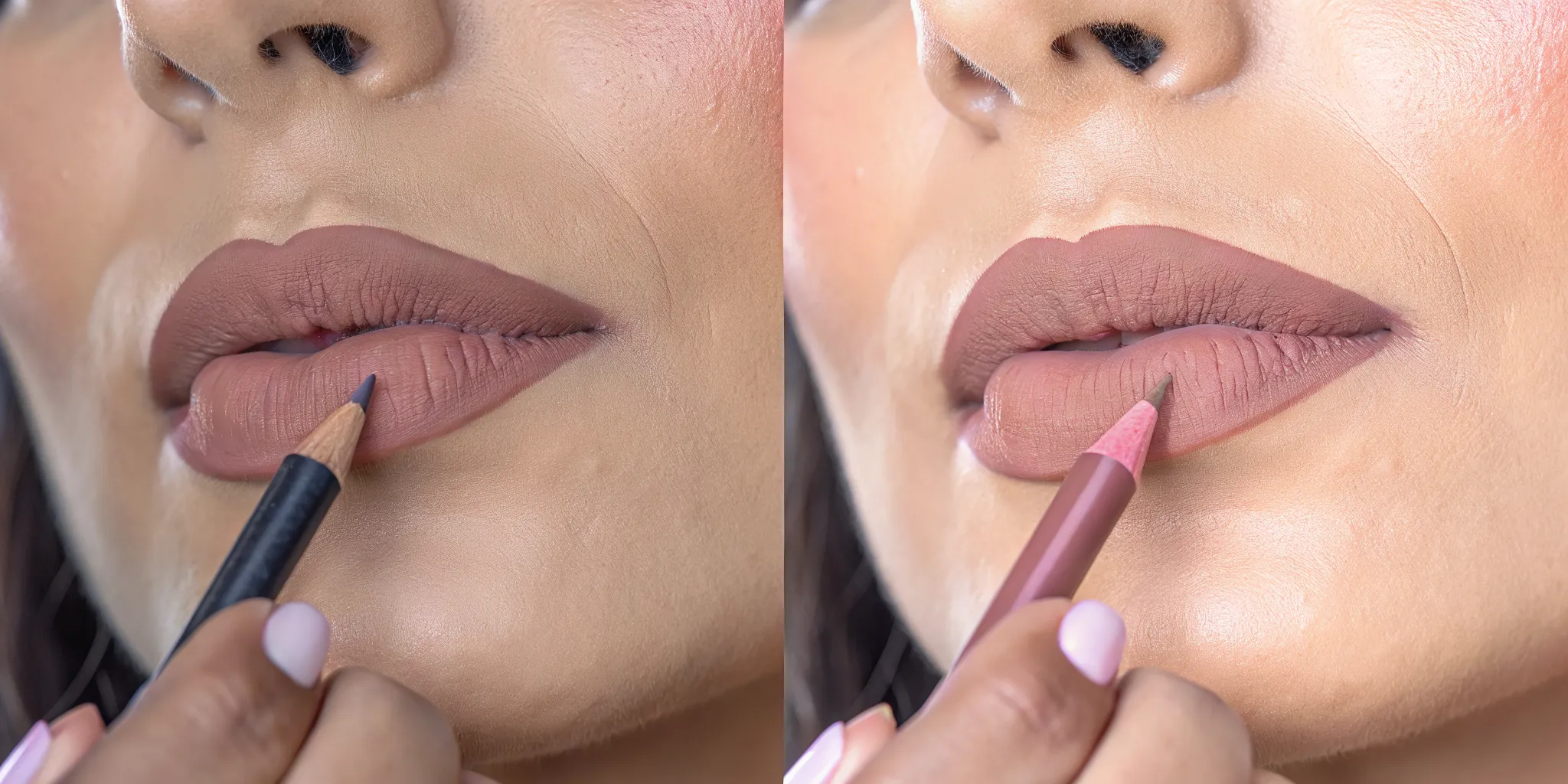 Close-up of a woman applying nude lip liner to overline her lips, soft natural lighting