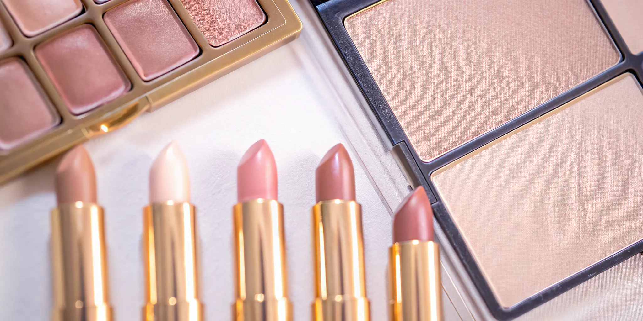 A curated collection of Nude Envie lipsticks and cream blushes in warm, cool, and neutral tones