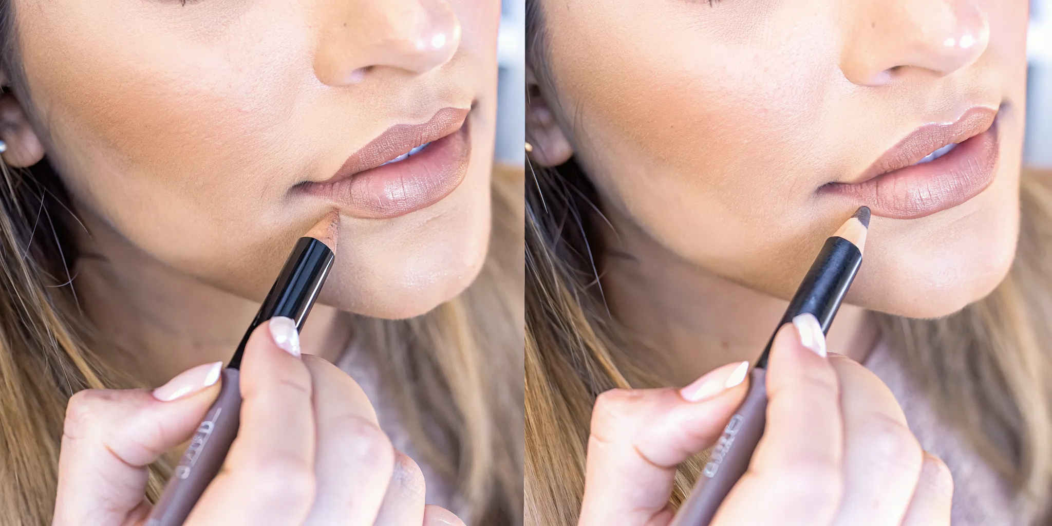 Woman applying nude rose satin lipstick with precise lip liner technique for fuller-looking lips