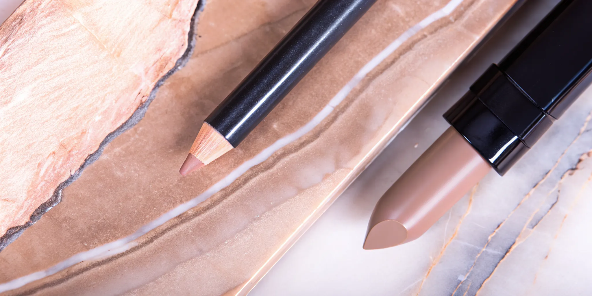 Nude Envie nude lipstick bullet and lip liner pencil on marble surface for fuller lip makeup