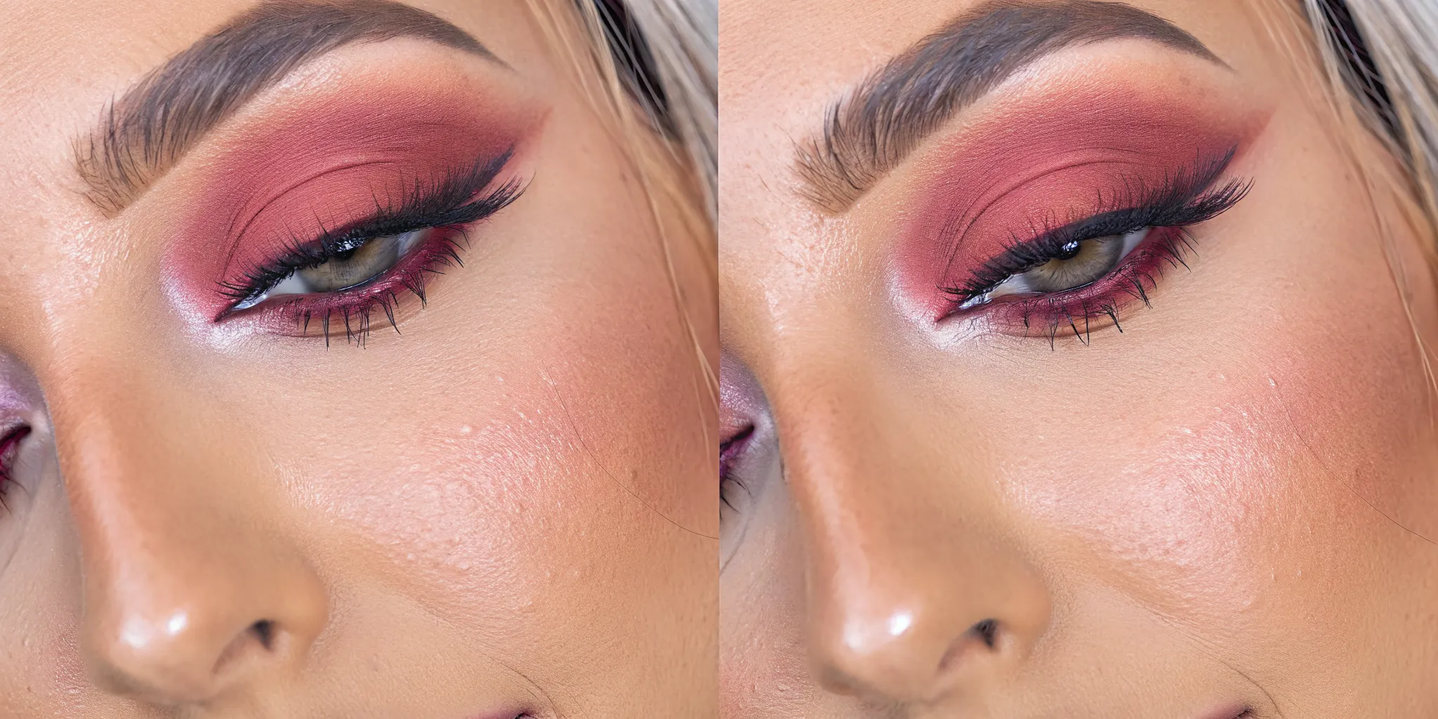 A model wearing a stunning warm peach monochromatic makeup look with matching lips, eyes, and cheeks