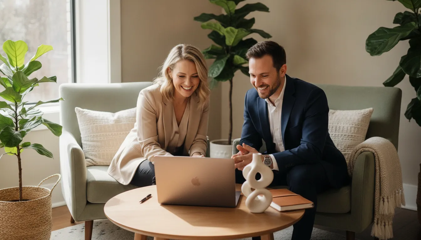 A therapist and an accounting advisor reviewing practice finances in a warm private-practice office
