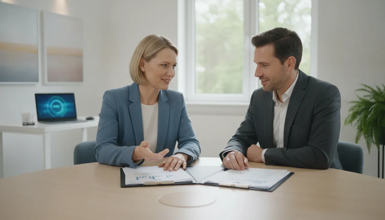 Medical practice manager and financial advisor reviewing statements together in a modern clinic office