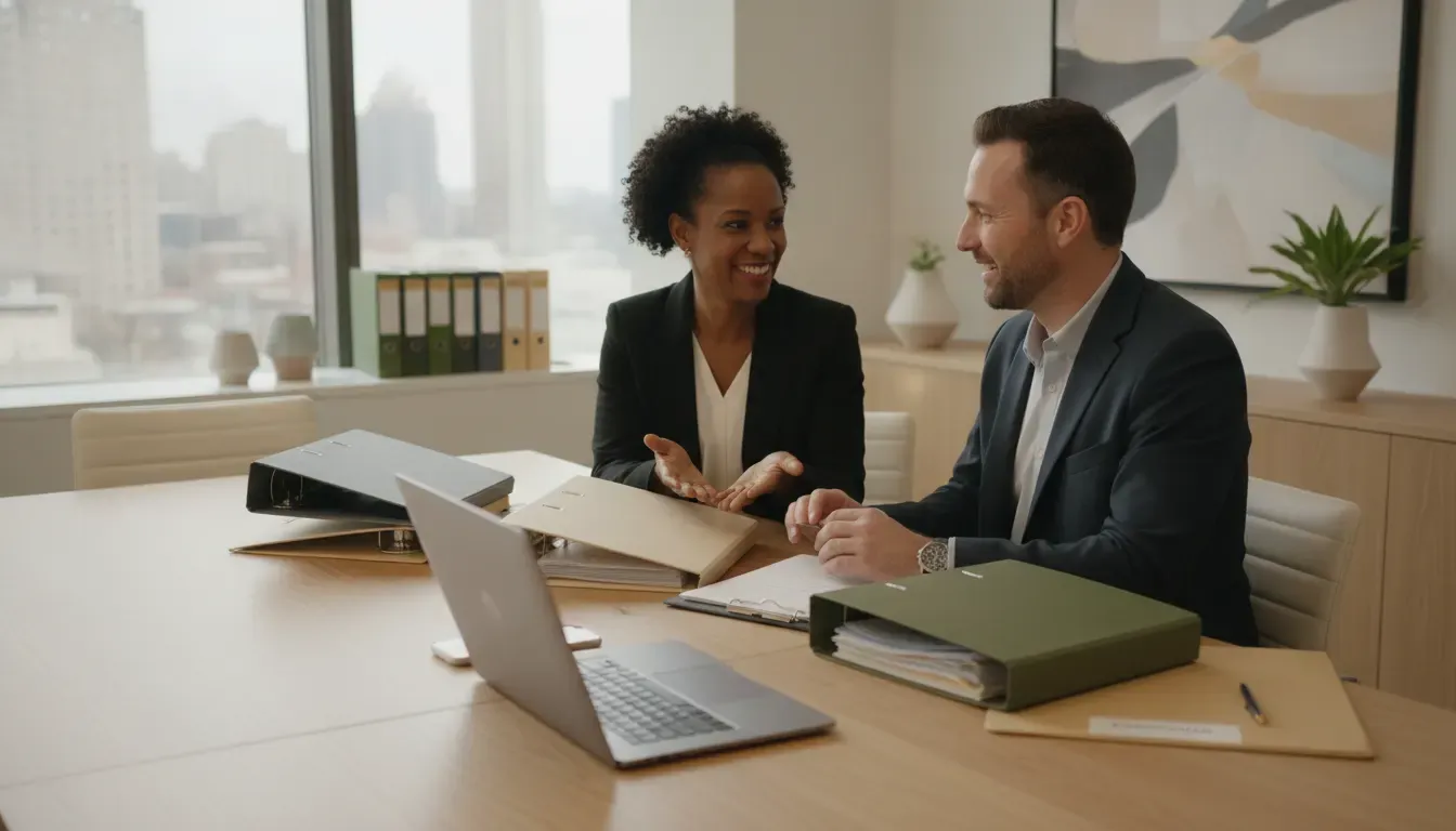 Business owner and financial advisor reviewing organized records during a bookkeeping services meeting