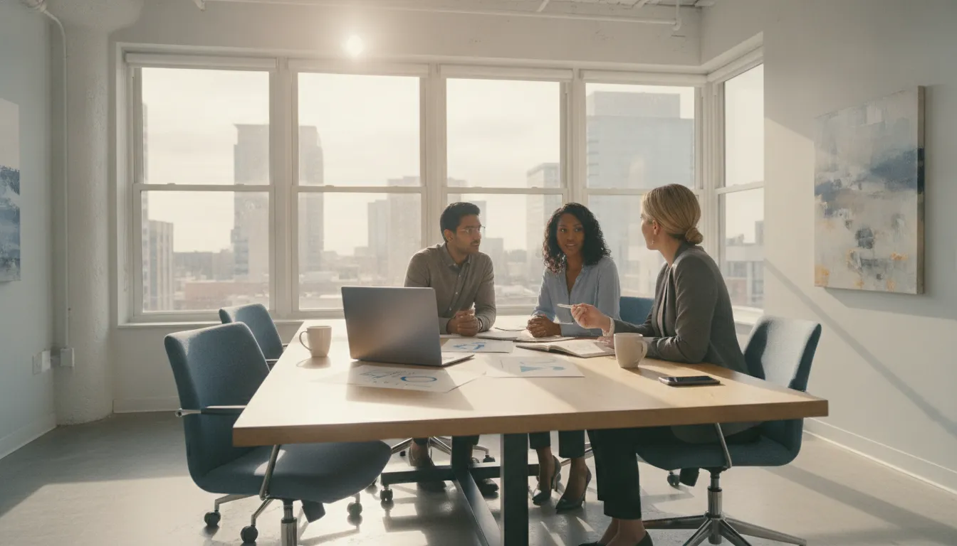 Small-business owners and an accounting advisor collaborating on bookkeeping workflows
