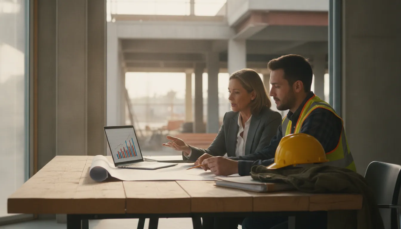 Construction project manager reviewing financial reports with an accounting advisor