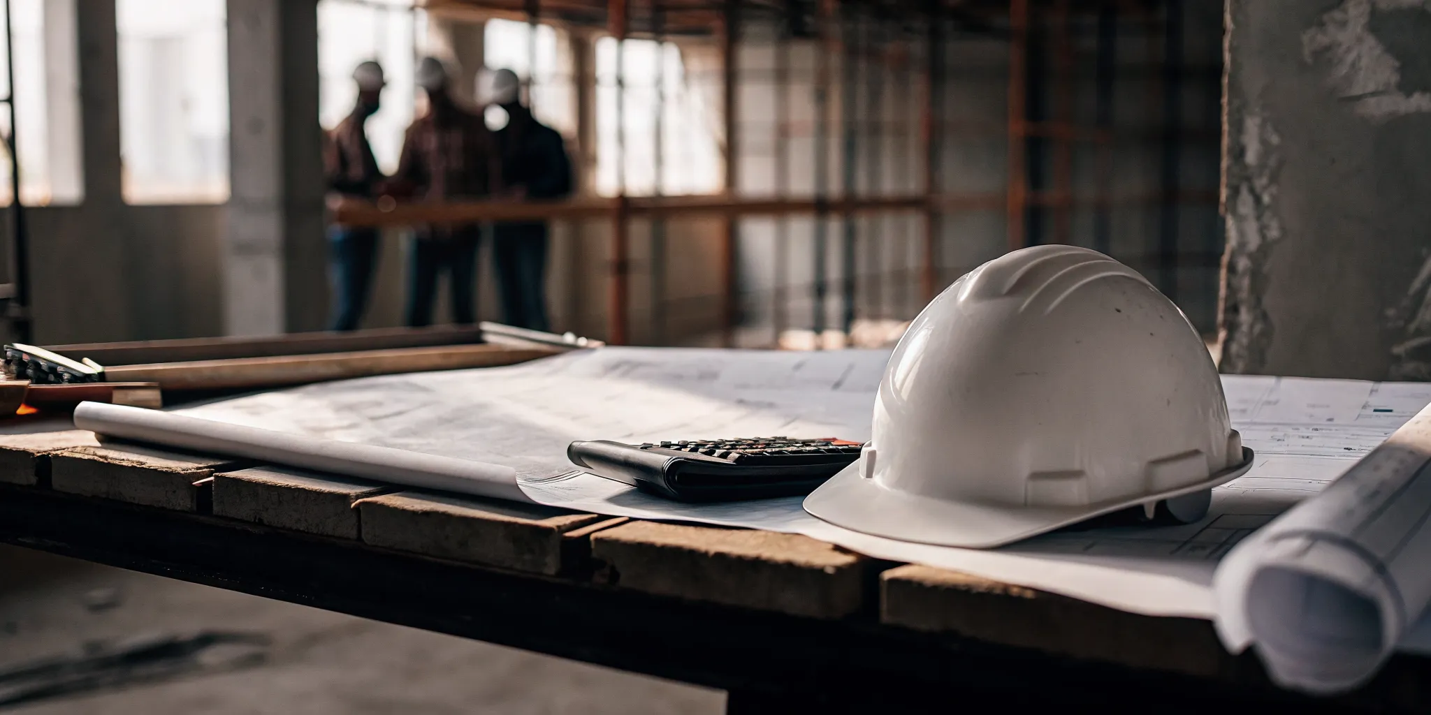 Construction blueprints, hard hat, and calculator representing construction bookkeeping and job costing for contractors