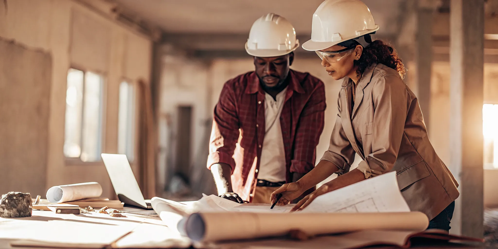 Construction site manager and CPA reviewing blueprints at a job site table with hard hats and plans visible