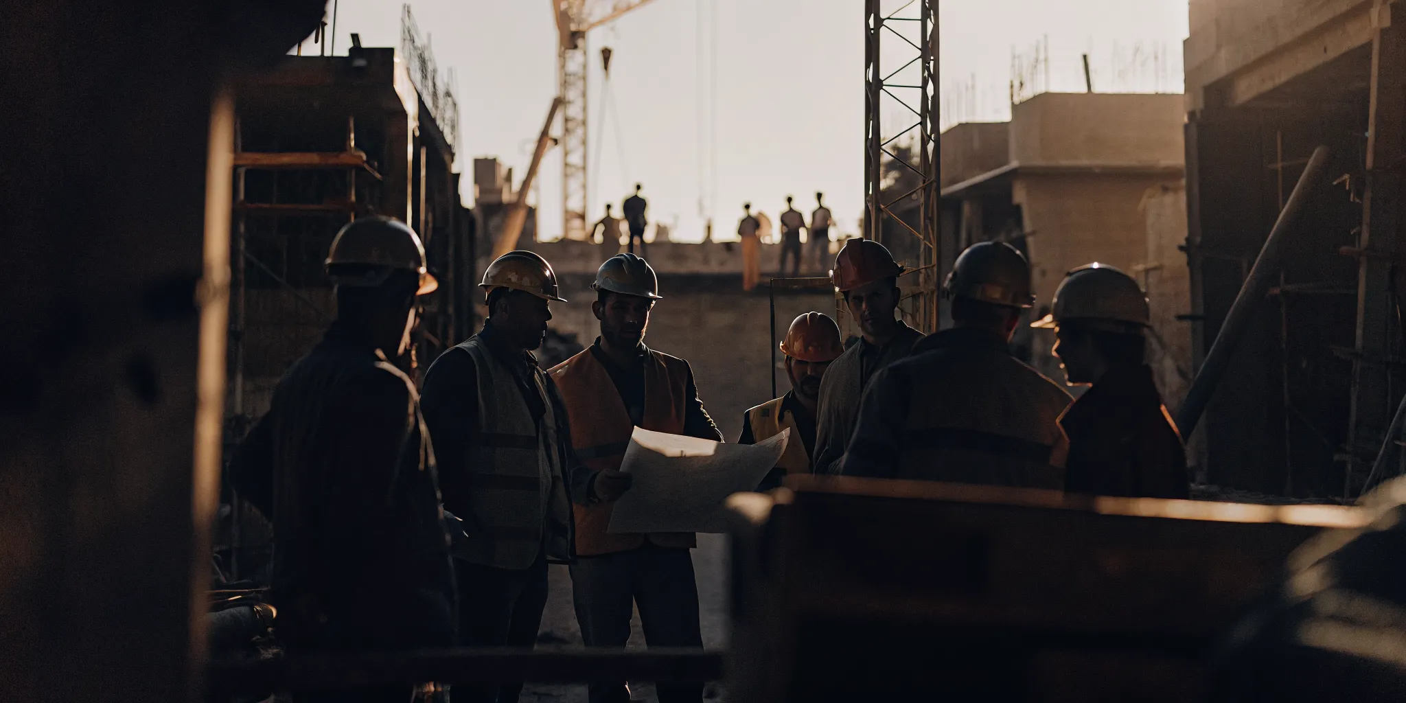 Construction project managers reviewing plans on a job site