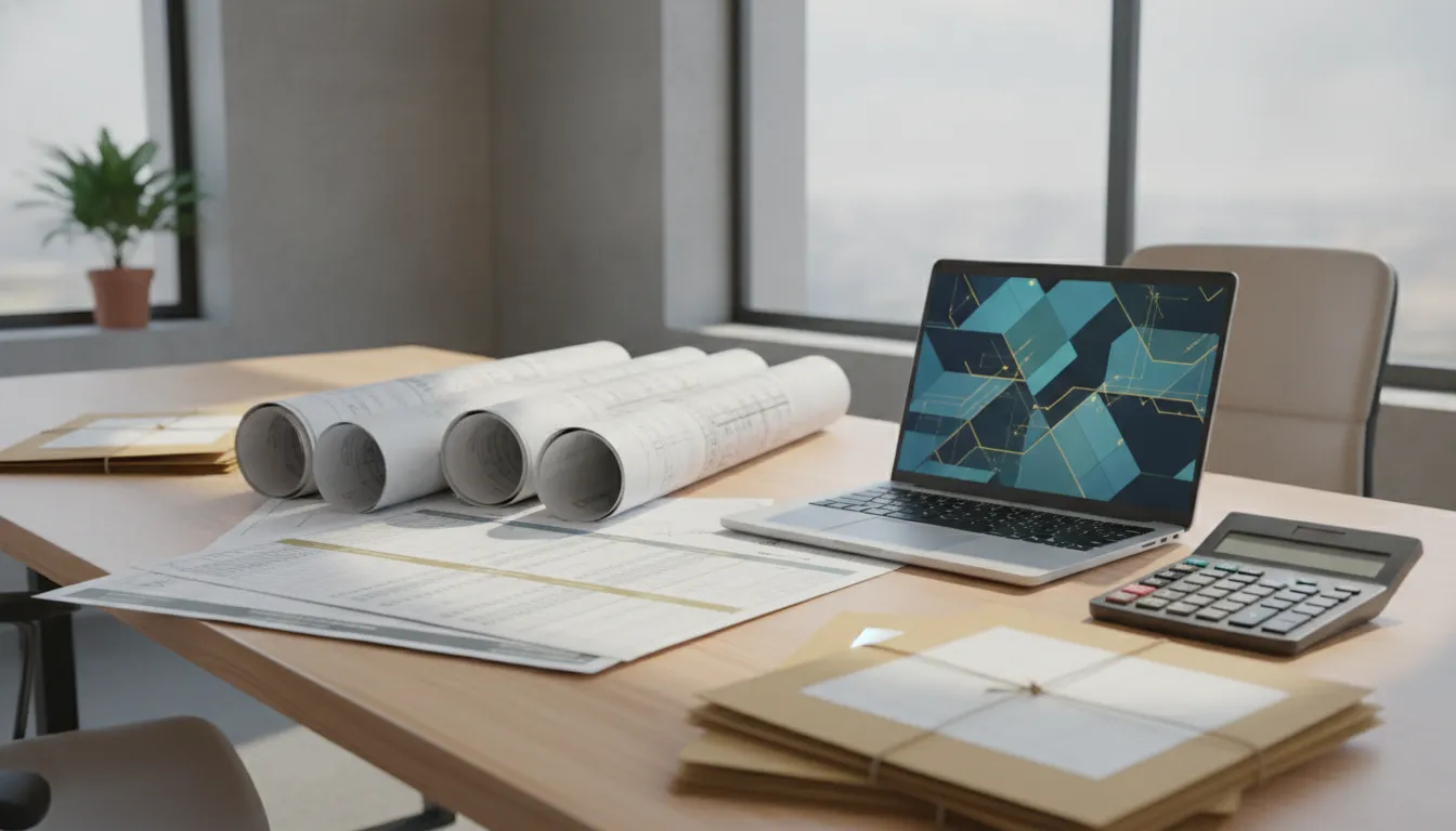 Construction project reports and blueprints organized for financial review