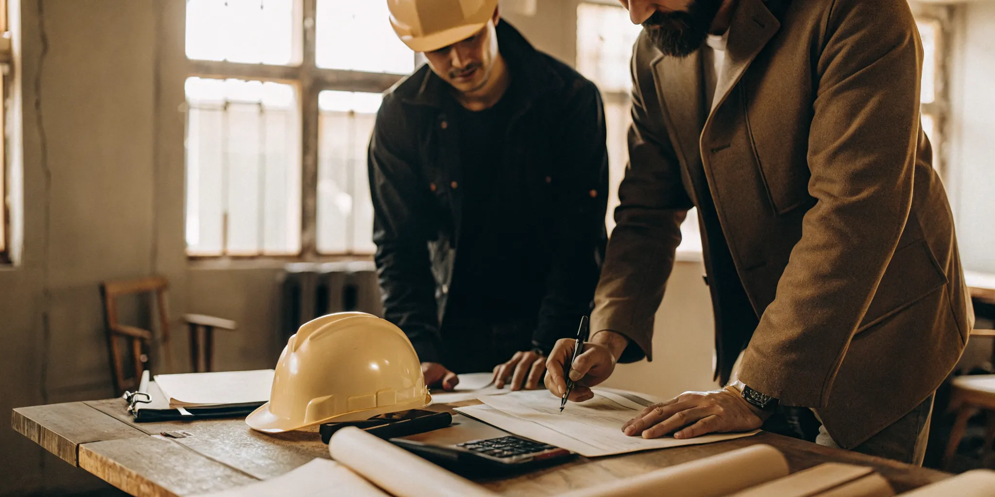 Construction contractor reviewing financial documents with a tax advisor in a bright office